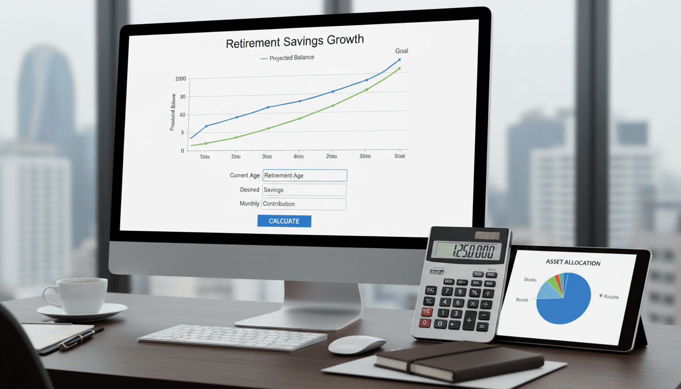 Retirement planning graph and calculator on professional desk