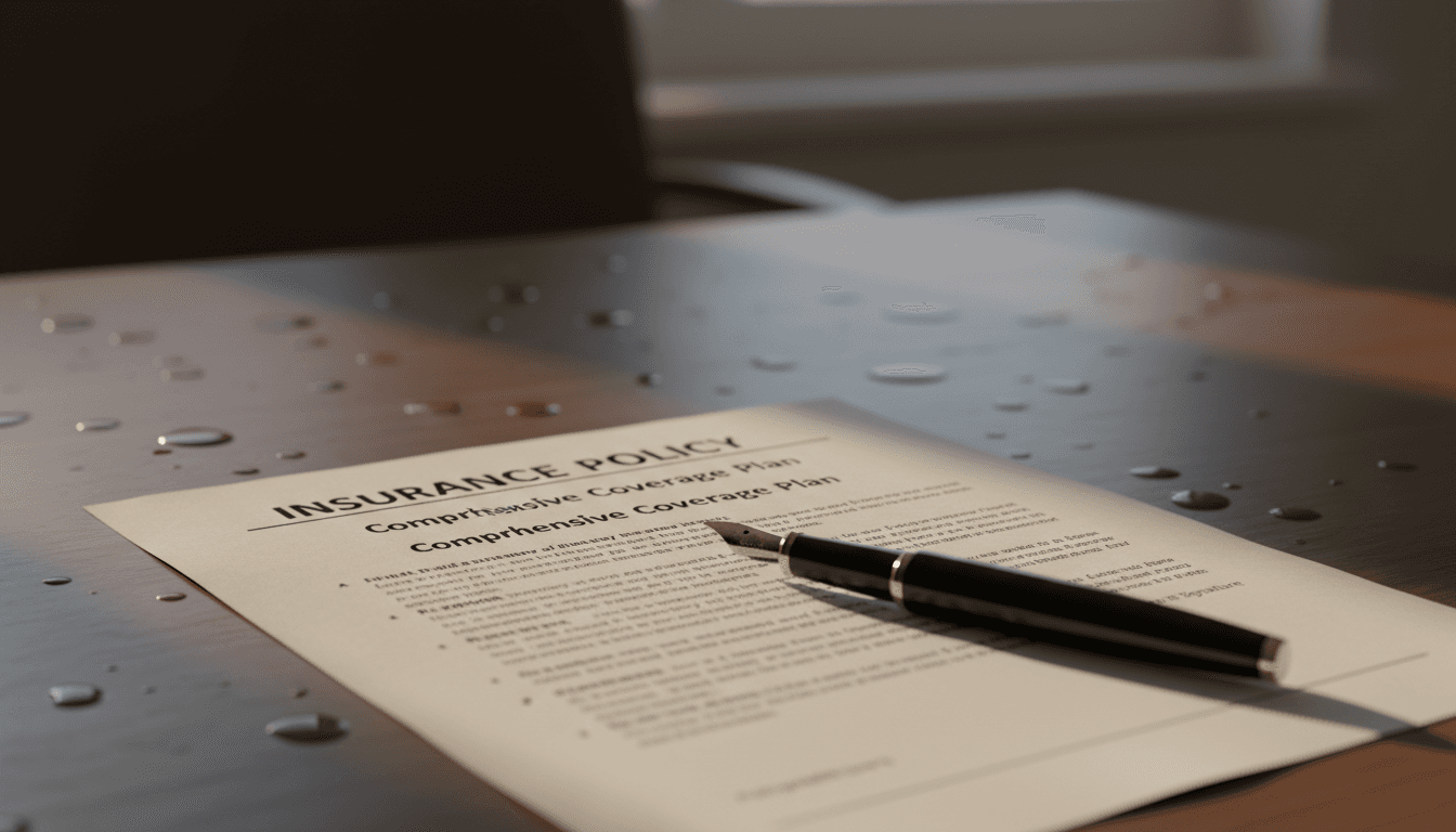 Close up of insurance policy document and pen on table with warm lighting