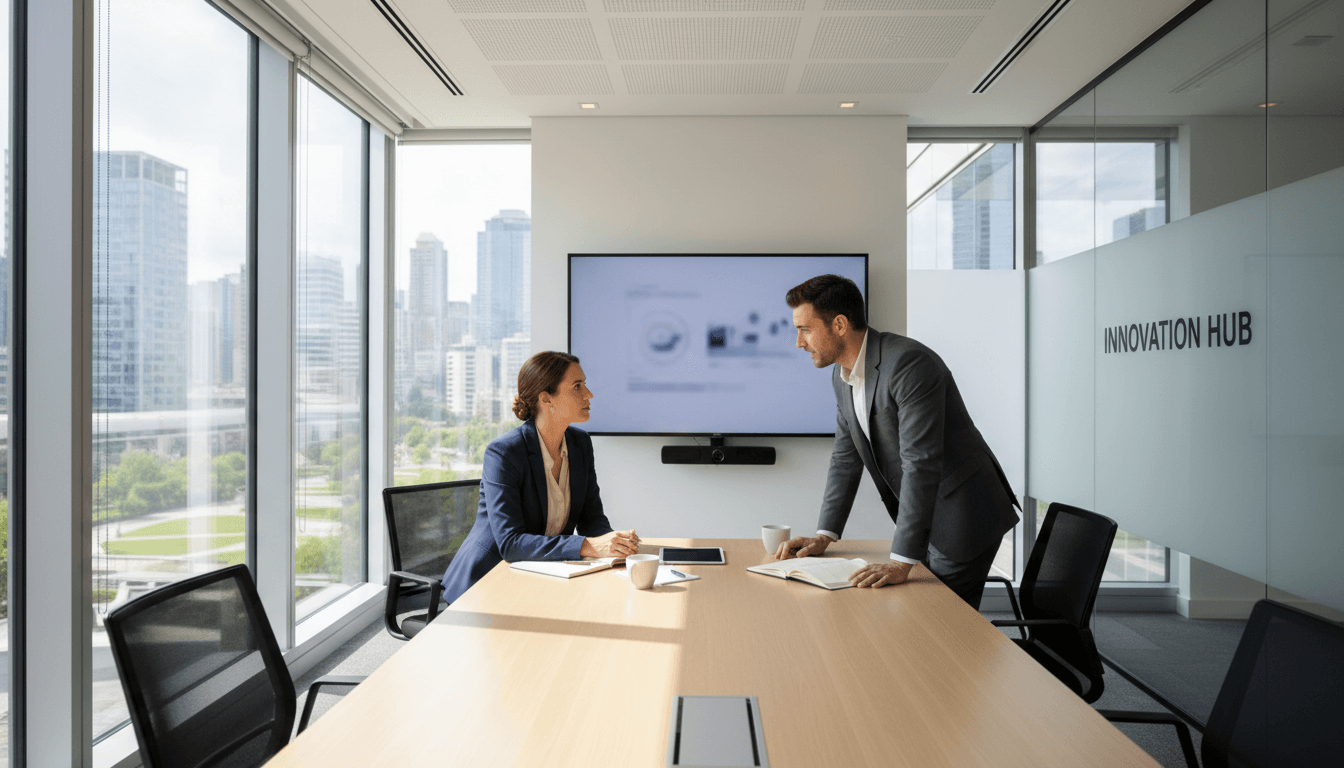 Two professionals having honest conversation in bright modern meeting room