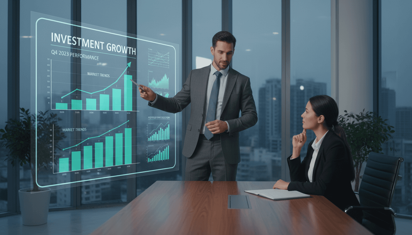Professional financial consultant explaining charts to client in modern office