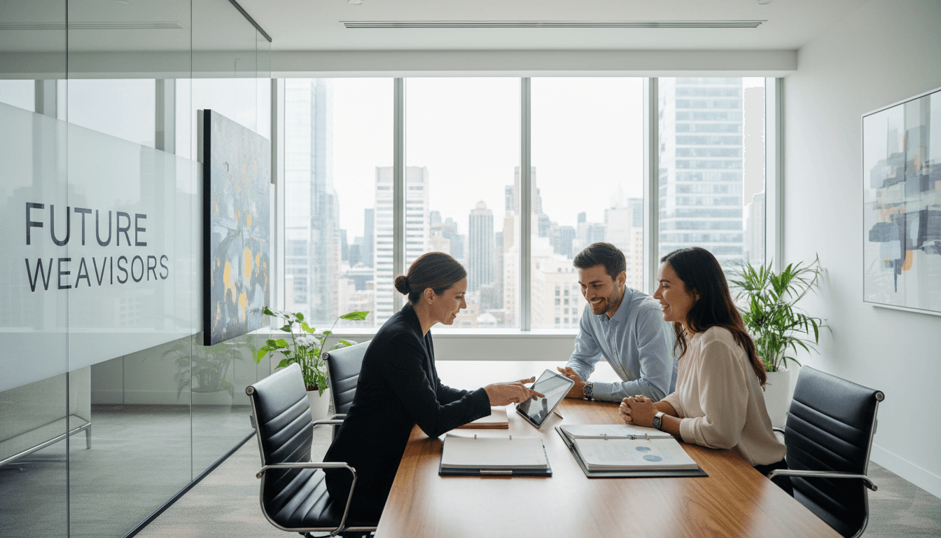financial planner reviewing documents with couple in bright modern office