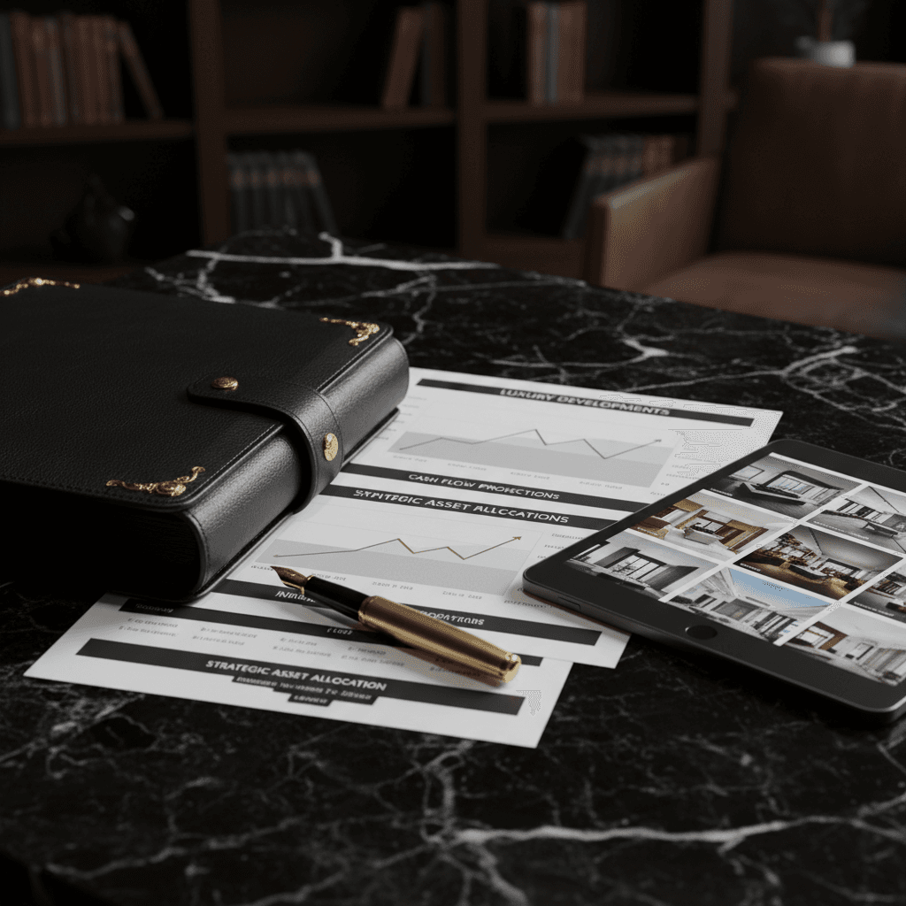 diverse investment documents and a coffee cup arranged on a modern wooden desk