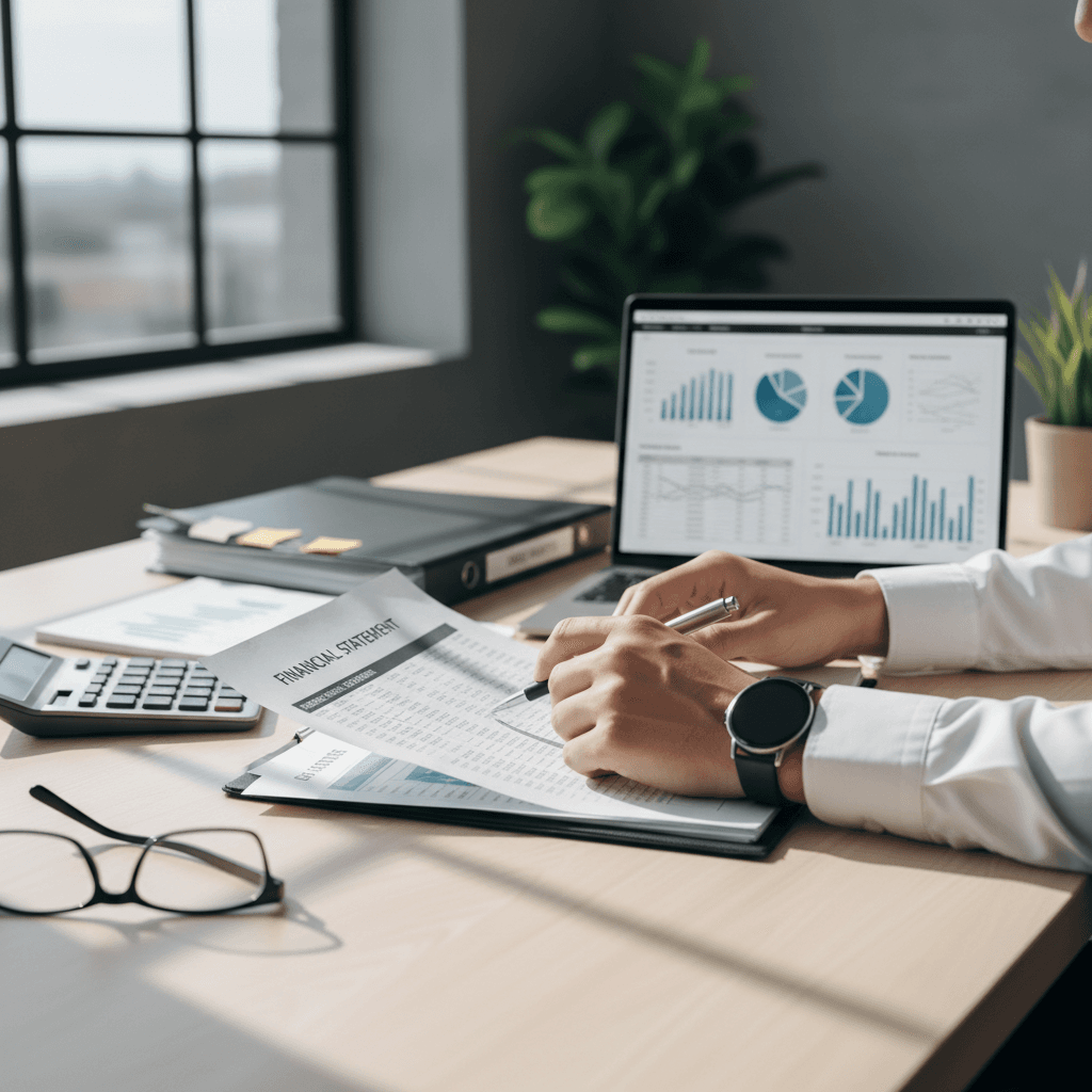 close up of hands holding a calculator and a printed financial statement on a clean desk