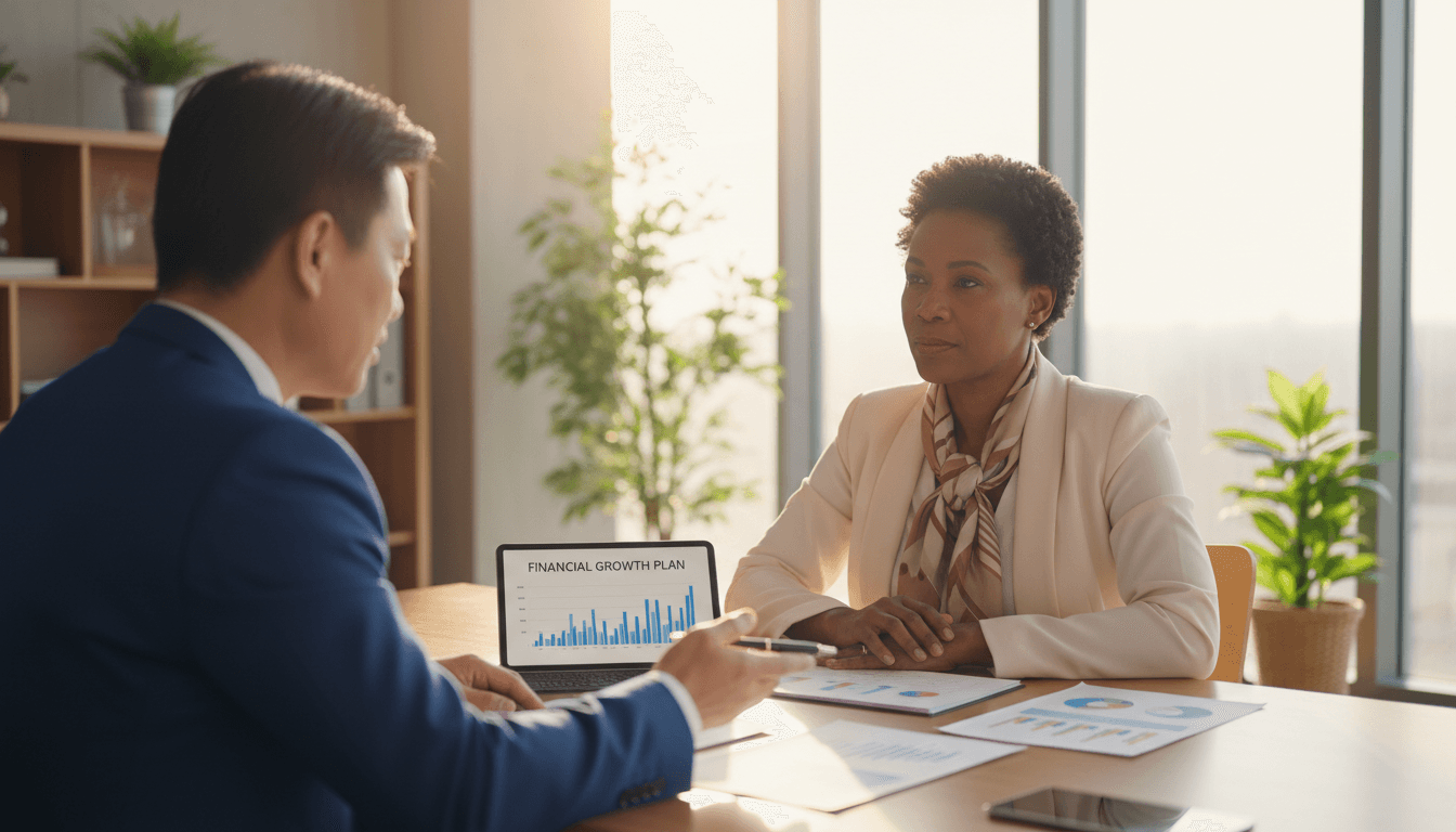 Financial planner and client reviewing documents together in a bright modern office