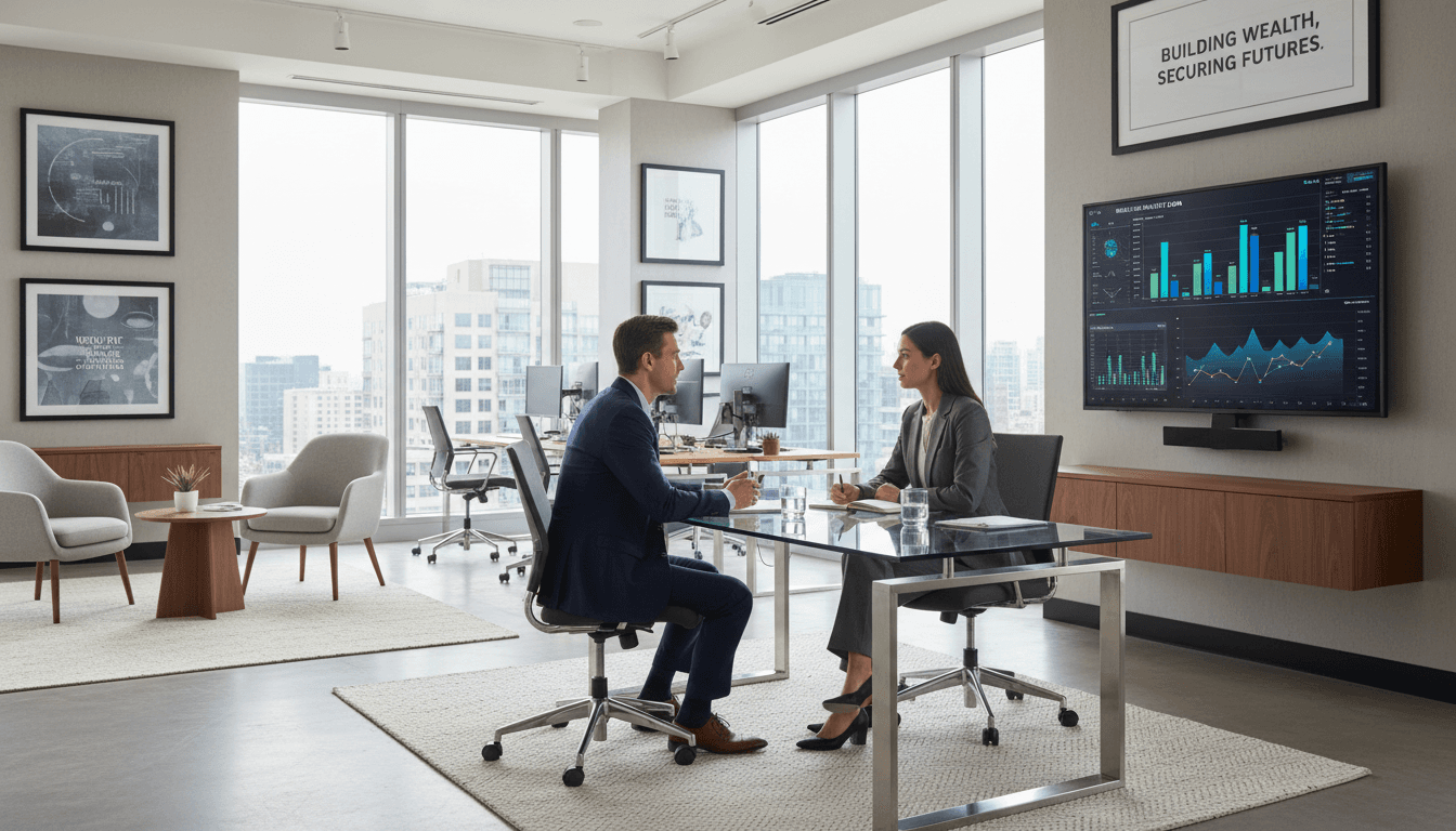Financial planner meets with client in bright Calgary office