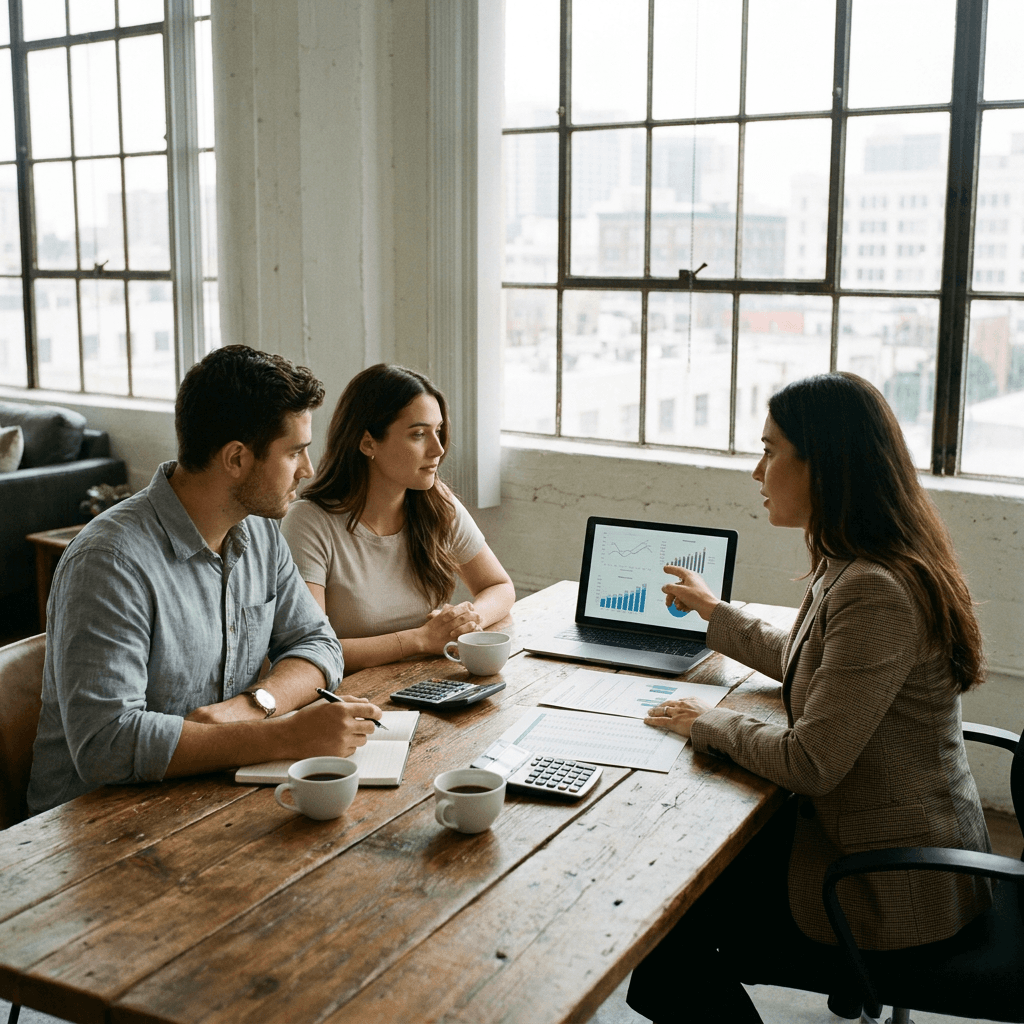financial planner reviewing a printed retirement timeline chart with a couple in a modern office