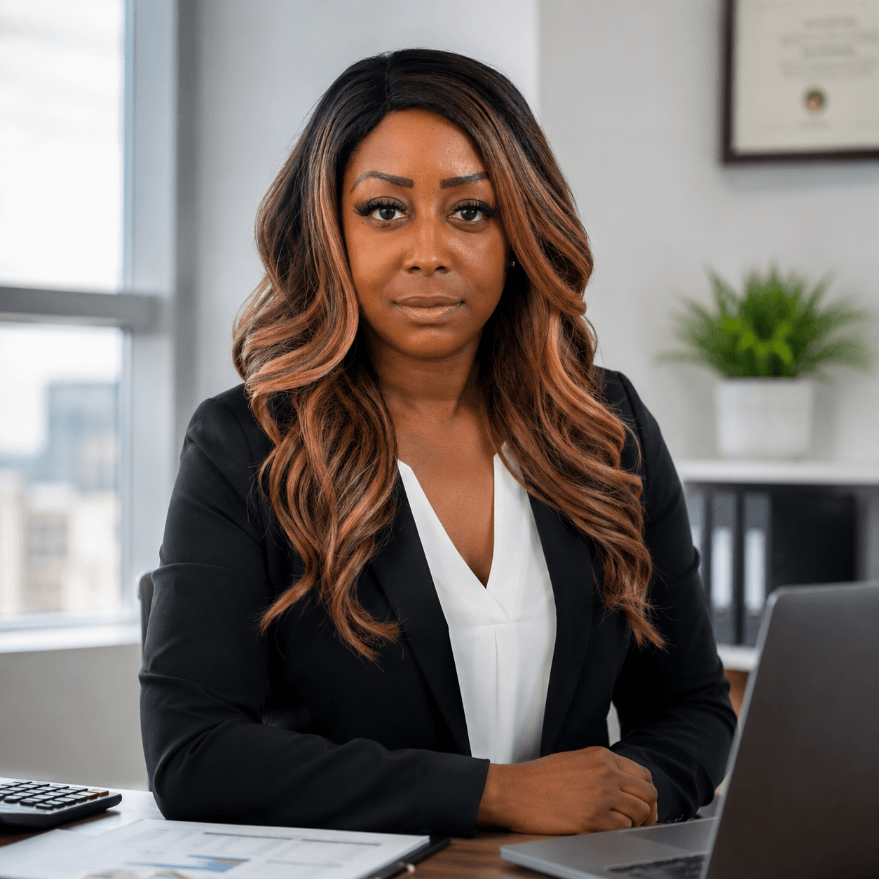 Professional Black woman with long wavy hair wearing a black blazer at an office desk.